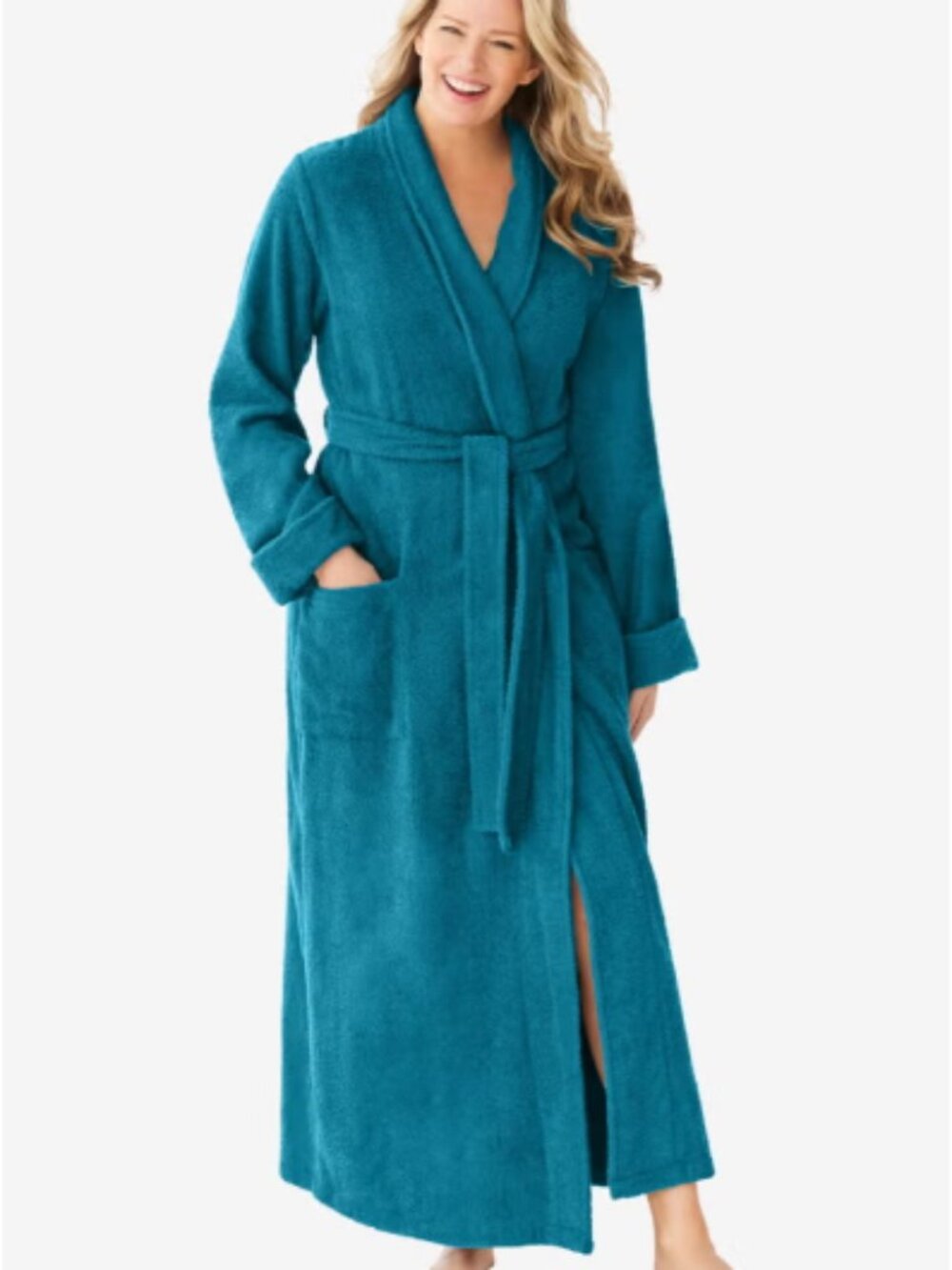 NWT Dreams & Co. Long Plush Terry Cloth Robe Deep Teal Size 2X (26/28)